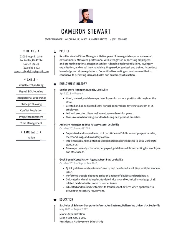 Store Manager resume example