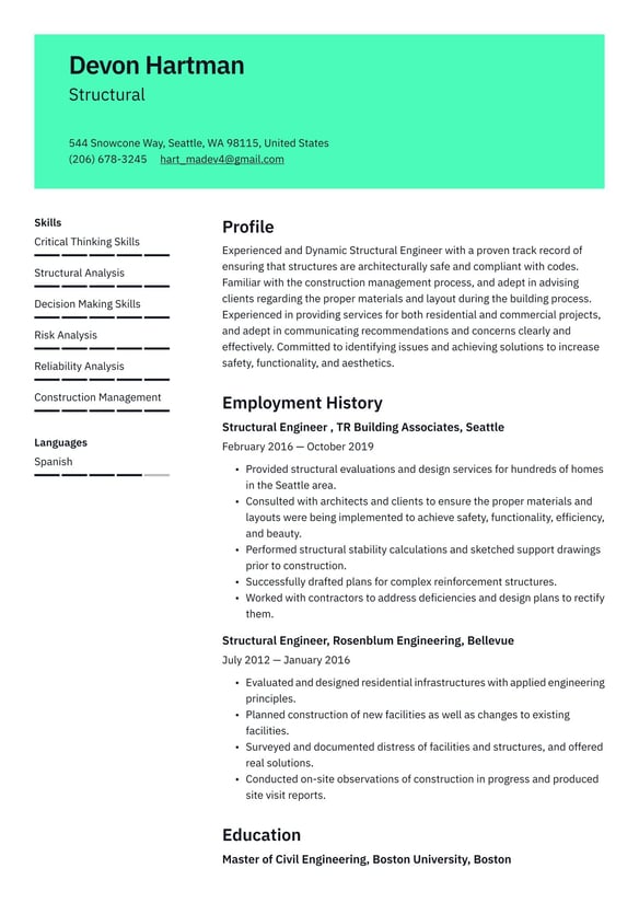 Structural Engineer resume example