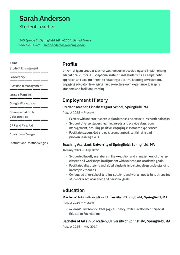 Student Teacher resume example