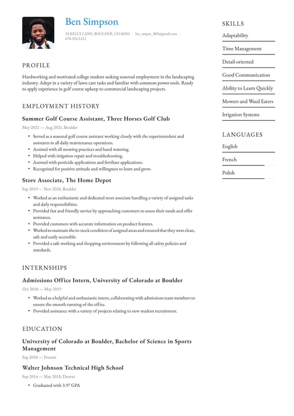 Summer Job resume example