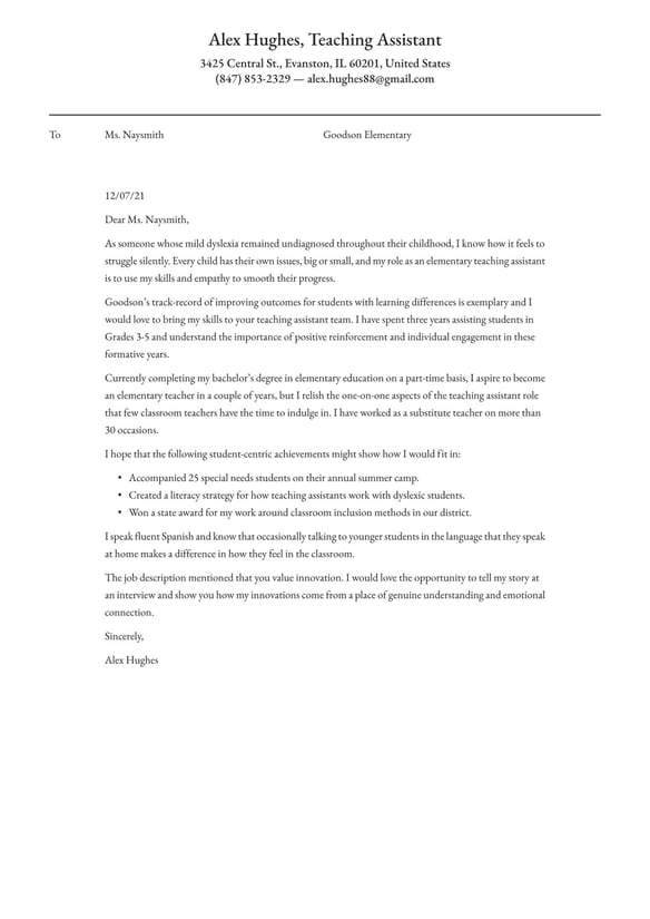 Teaching Assistant  cover_letter example