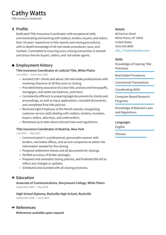 Title Insurance Coordinator resume example