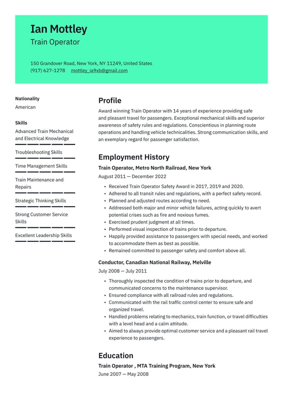 Train Operator resume example
