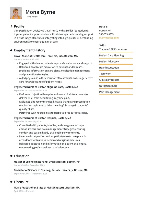 Travel Nurse resume example