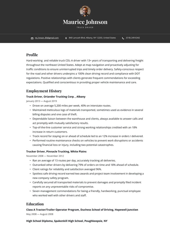 Truck Driver resume example