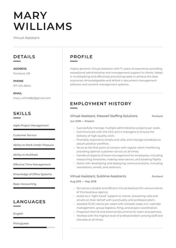 Virtual Assistant resume example