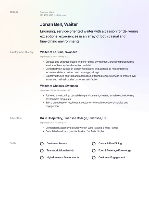 Waiter resume example