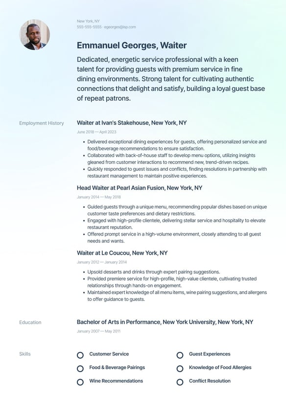 Waiter resume example