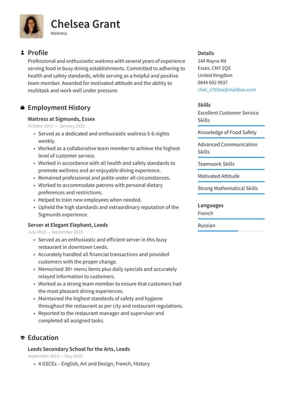 Waitress resume example