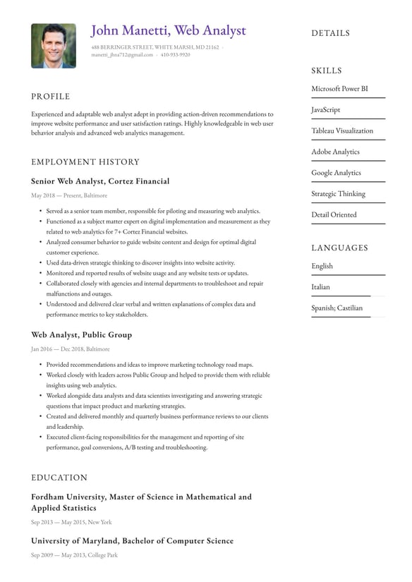 Web Analyst resume example
