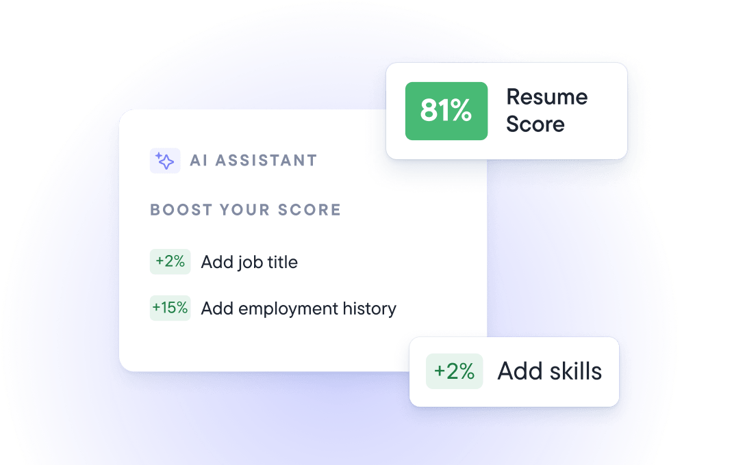 Resume checker showing score and AI-powered suggestions to improve job title, skills, and work history