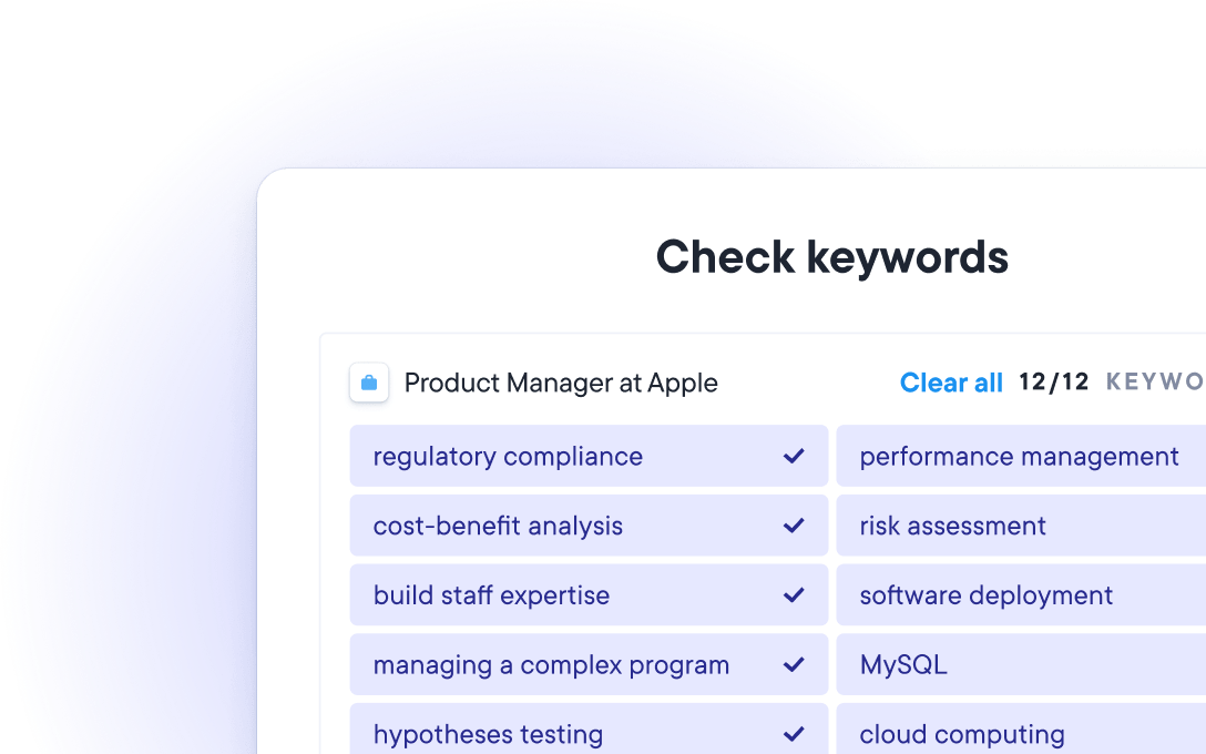 TS resume checker matching job-specific keywords for a Product Manager position at Apple