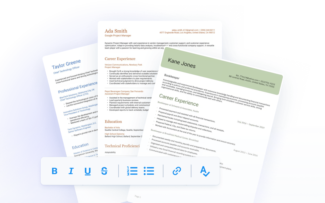 Examples of ATS-friendly resume templates with formatting options for editing resume content