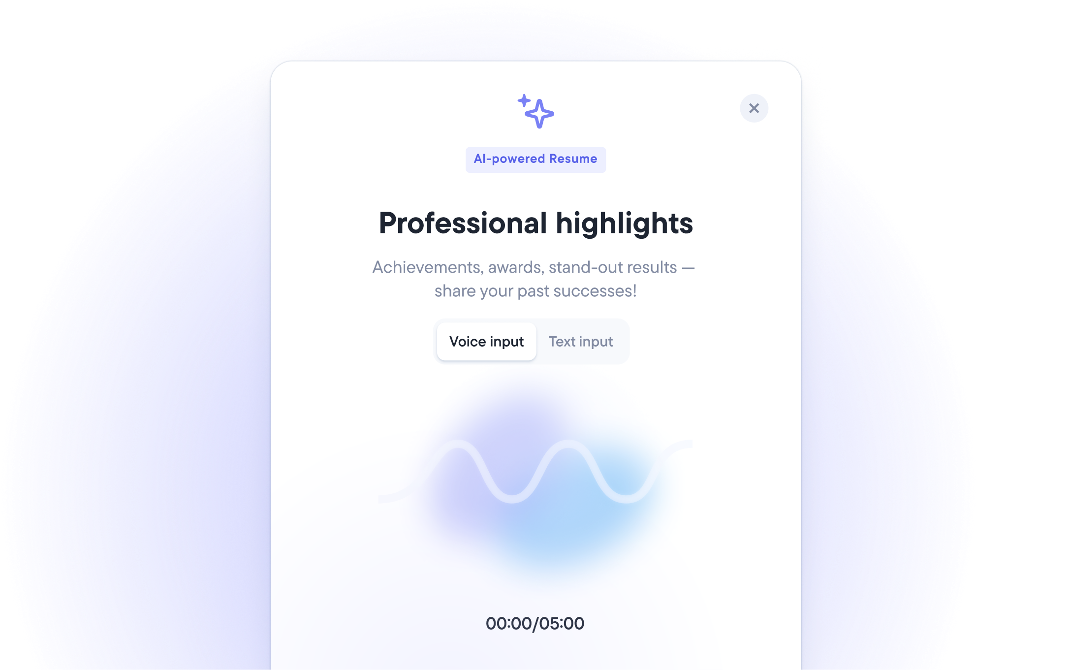 AI-powered resume tool feature for adding professional highlights with voice or text input.